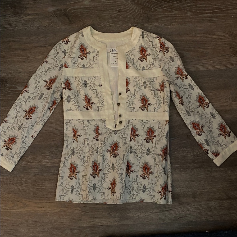 Chloe Patterned Blouse with Cream Detailing Size 36